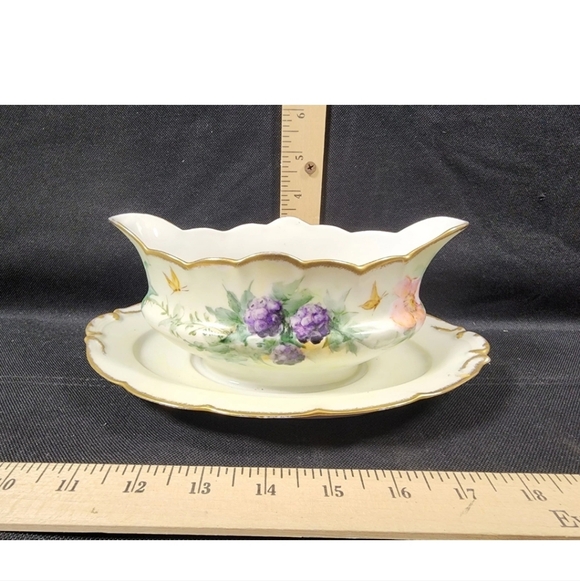 Antique Victoria Porcelain Handpainted Gravy Boat Attached Plate Floral Flawless